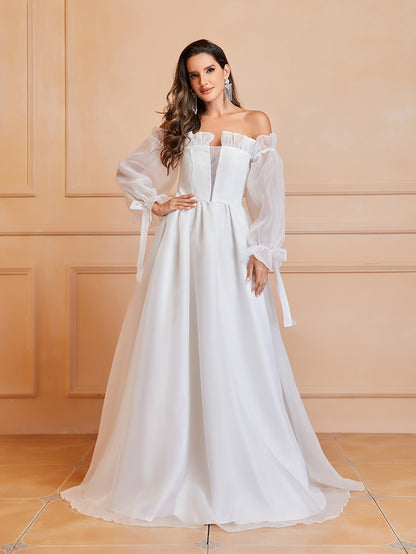 Exquisite Lace Off Shoulder Wedding Dress - Flowing Long Sleeves, Solid Color, Unique Bow Cut Out Design, Flattering Silhouette - Perfect for Daily Wear, Casual Occasions, and Weddings, Womens Clothing