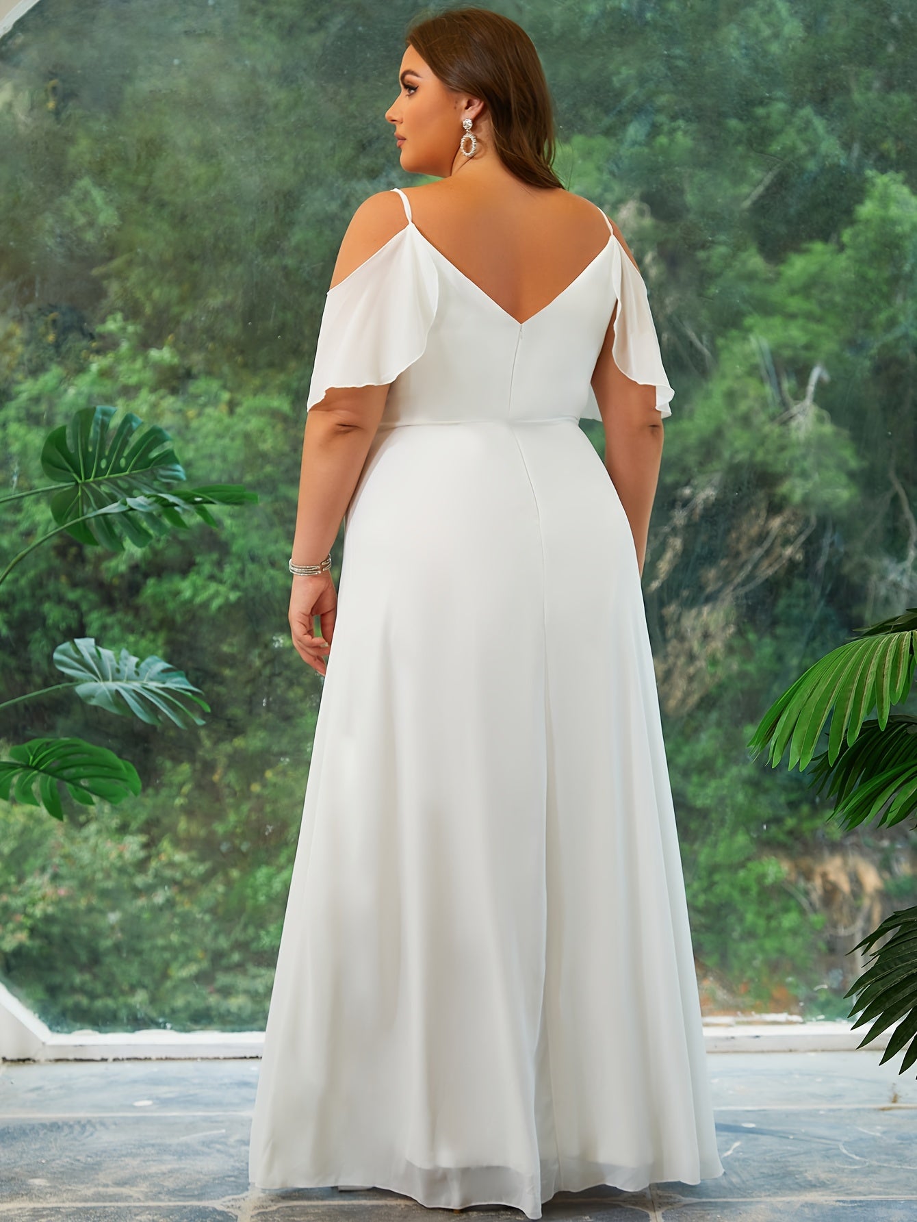 Plus Size Long Formal Wedding Dress - Exquisite Polyester Fabric, Elegant V-Neck, Long Sleeves, Floor-Length Design - Perfect for Wedding, Reception, and Evening Party Celebrations
