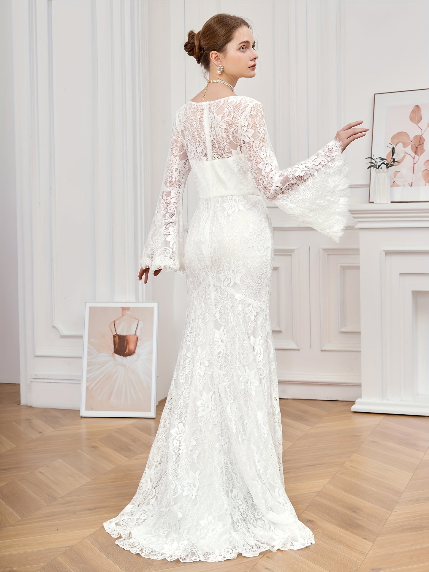 Stunning Floor-Length Lace Wedding Dress - Deep V Neck, Elegant Solid Flare Sleeves, Raw Edge, Floral Pattern - Ideal for Womens Formal Occasions