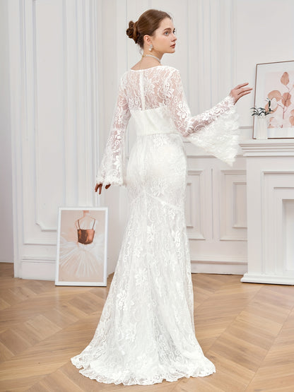Stunning Floor-Length Lace Wedding Dress - Deep V Neck, Elegant Solid Flare Sleeves, Raw Edge, Floral Pattern - Ideal for Womens Formal Occasions
