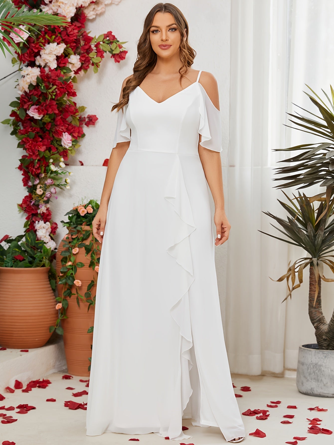 Plus Size Long Formal Wedding Dress - Exquisite Polyester Fabric, Elegant V-Neck, Long Sleeves, Floor-Length Design - Perfect for Wedding, Reception, and Evening Party Celebrations