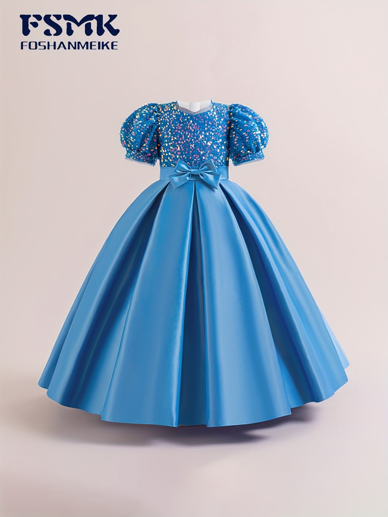 New Youngsters's Dress Long Princess Dress Satin Wedding Dress Flower Youngsters Dress Elegant Evening Dress for Girls Bubble Sleeve Sequins Sparkling Puffy Skirt