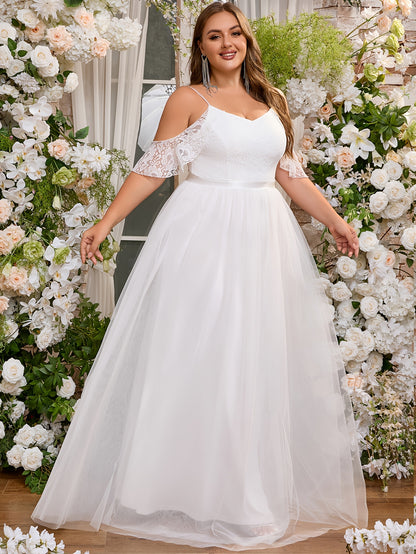 Plus Size Solid Cold Shoulder Wedding Dress, Elegant Lace Stitching Short Sleeve Party Dress, Women's Plus Size Clothing Wedding/Occasion/Engagement/Ceremony/Evening dress