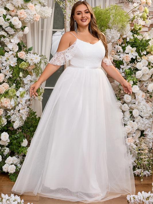 Plus Size Solid Cold Shoulder Wedding Dress, Elegant Lace Stitching Short Sleeve Party Dress, Women's Plus Size Clothing Wedding/Occasion/Engagement/Ceremony/Evening dress