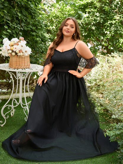 Plus Size Solid Cold Shoulder Wedding Dress, Elegant Lace Stitching Short Sleeve Party Dress, Women's Plus Size Clothing Wedding/Occasion/Engagement/Ceremony/Evening dress