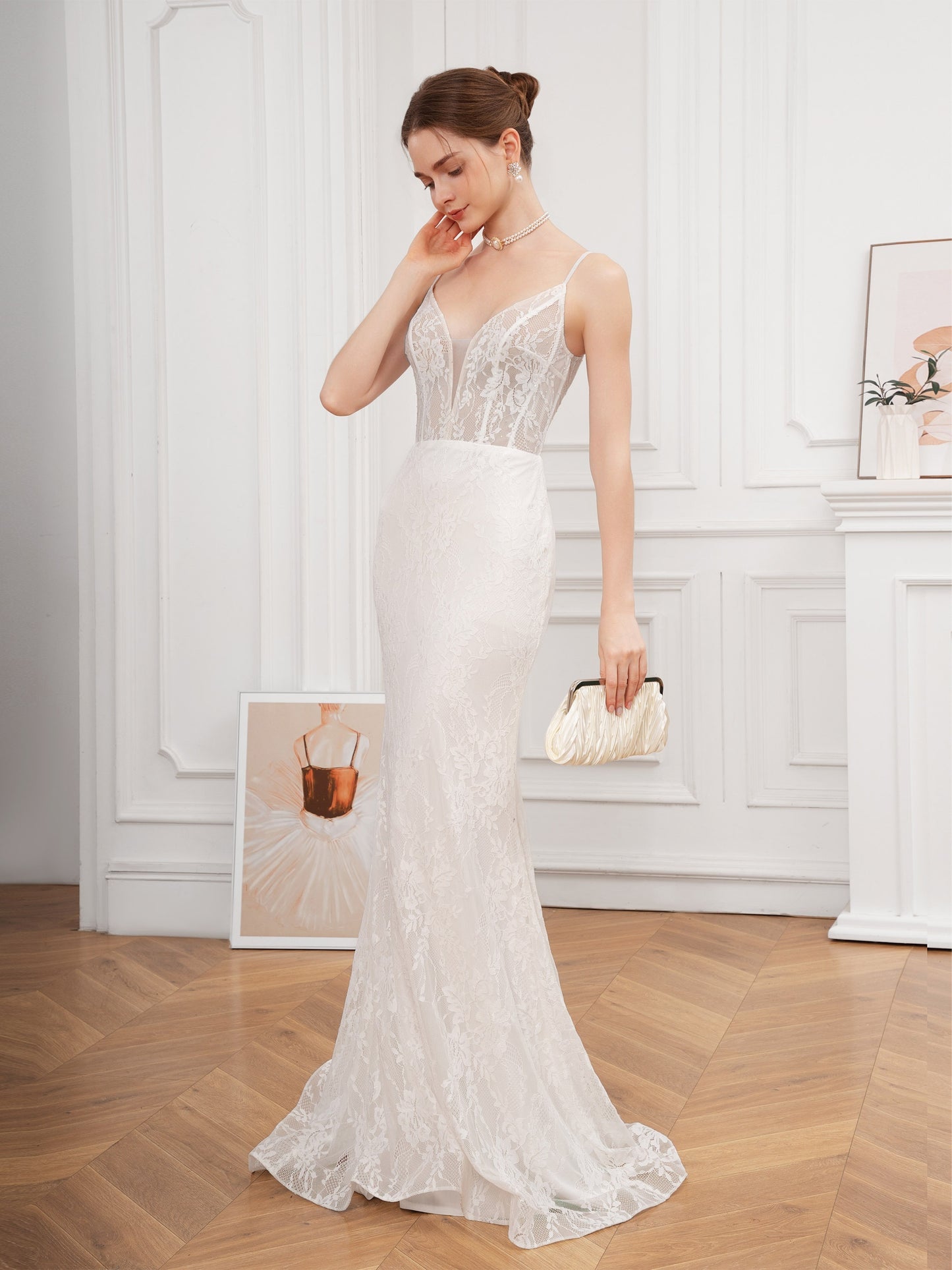 Floral Lace Cross Tie Back Cami Dress, Elegant Trumpet V-neck Bodycon Wedding Dress, Women's Clothing Wedding/Evening dress/Occasion/Engagement/Ceremony