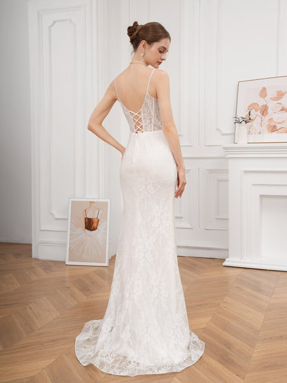 Floral Lace Cross Tie Back Cami Dress, Elegant Trumpet V-neck Bodycon Wedding Dress, Women's Clothing Wedding/Evening dress/Occasion/Engagement/Ceremony