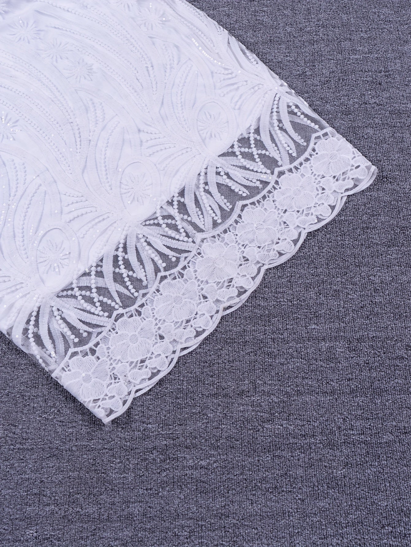 Plus Size Jacquard Cold Shoulder Wedding Dress, Elegant Lace Trim Ruffle Sleeve Bodycon Party Dress, Women's Plus Size Clothing