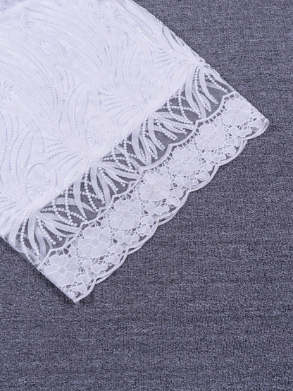 Plus Size Jacquard Cold Shoulder Wedding Dress, Elegant Lace Trim Ruffle Sleeve Bodycon Party Dress, Women's Plus Size Clothing