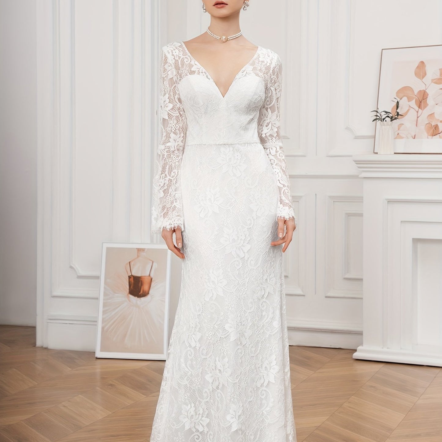 Stunning Floor-Length Lace Wedding Dress - Deep V Neck, Elegant Solid Flare Sleeves, Raw Edge, Floral Pattern - Ideal for Womens Formal Occasions