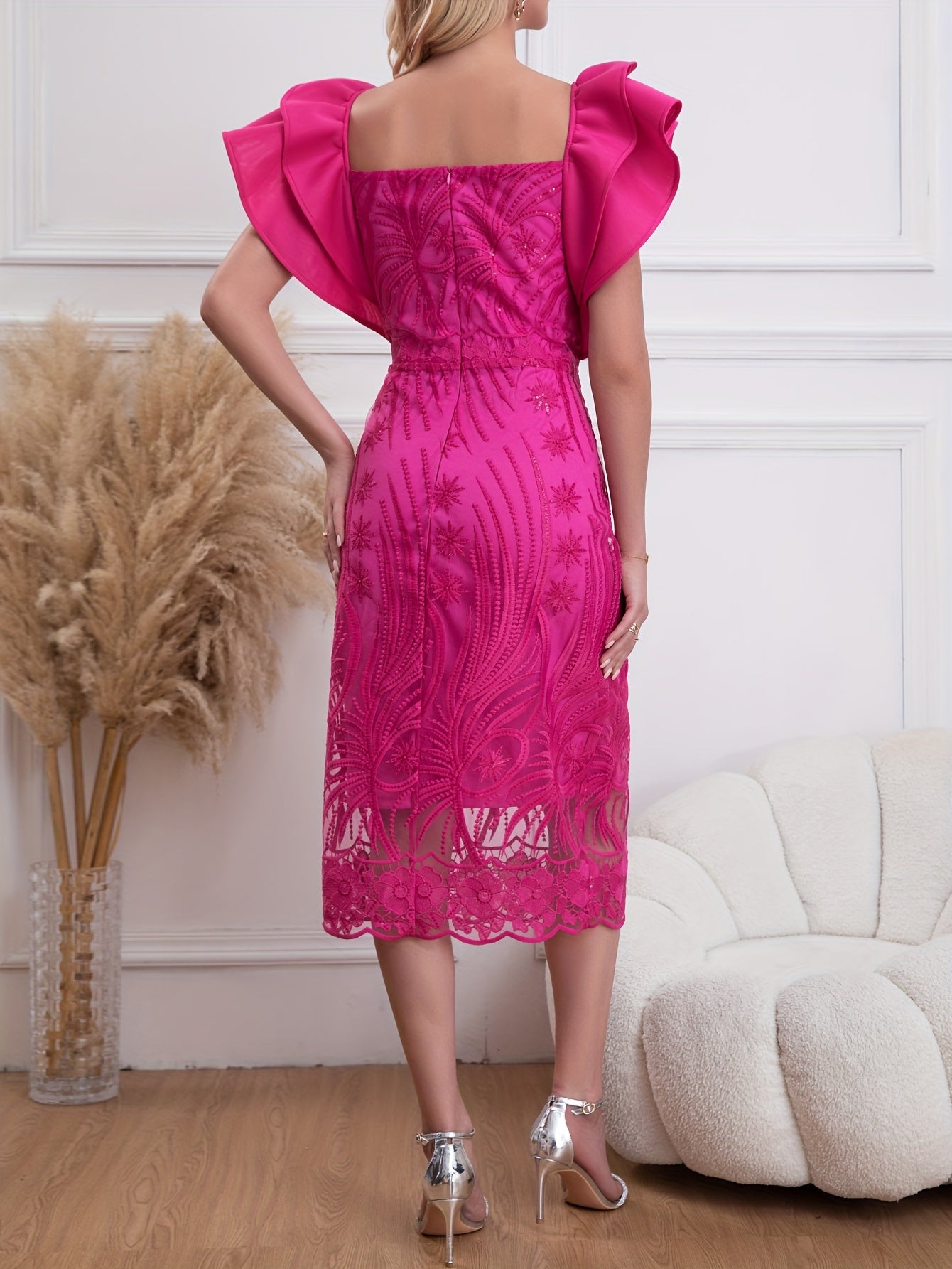 Plus Size Jacquard Cold Shoulder Wedding Dress, Elegant Lace Trim Ruffle Sleeve Bodycon Party Dress, Women's Plus Size Clothing