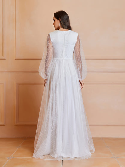 Timeless Elegance - Solid Cut Out Ruched Wedding Dress with Flattering Shirred Waistline and Romantic Long Sleeves - Premium Womens Bridal Gown