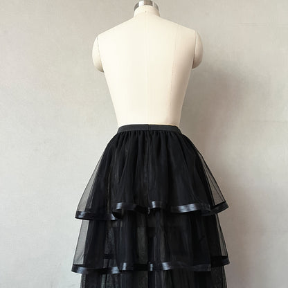 1PC Punk Style Skirt Black 3 Layers Ribbon 5 Layers Mesh Removable Tulle Skirt Half-length Skirt Covering Wedding Dress Elastic Waist Detachable Thin Tulle Skirt