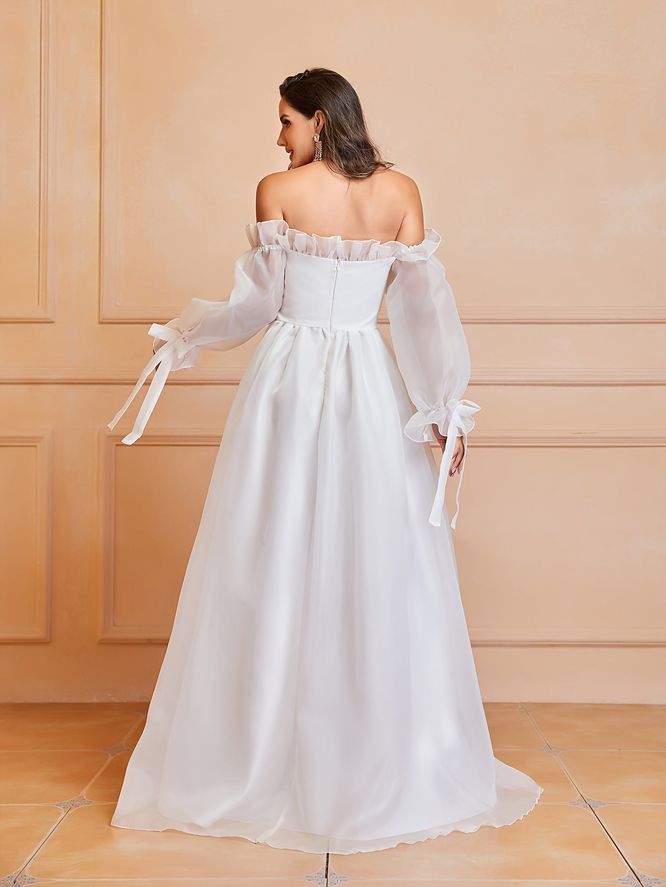 Exquisite Lace Off Shoulder Wedding Dress - Flowing Long Sleeves, Solid Color, Unique Bow Cut Out Design, Flattering Silhouette - Perfect for Daily Wear, Casual Occasions, and Weddings, Womens Clothing
