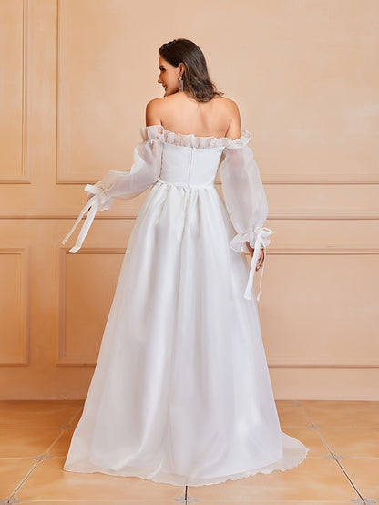 Exquisite Lace Off Shoulder Wedding Dress - Flowing Long Sleeves, Solid Color, Unique Bow Cut Out Design, Flattering Silhouette - Perfect for Daily Wear, Casual Occasions, and Weddings, Womens Clothing