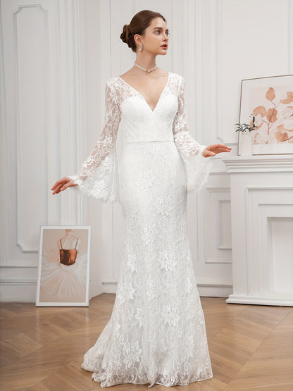 Stunning Floor-Length Lace Wedding Dress - Deep V Neck, Elegant Solid Flare Sleeves, Raw Edge, Floral Pattern - Ideal for Womens Formal Occasions