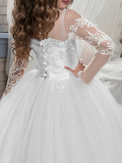 [Wedding Attire] Elegant Flower Girl Evening Gown - Long White Lace Wedding Dress with Embroidered Floral Details, Polyester, A-Line Fit for Piano Recitals & Formal Occasions