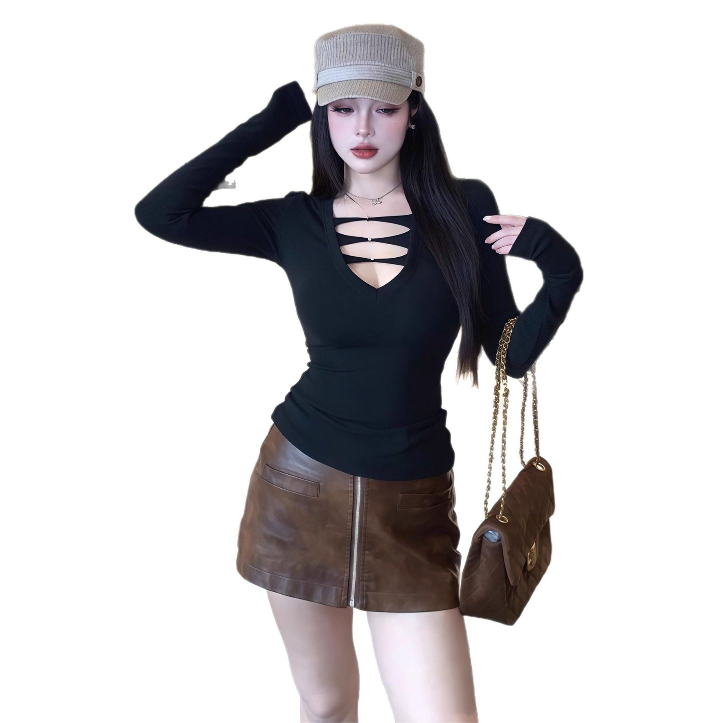 Womens V-neck Hollowed Solid-Color Long-Sleeve Top