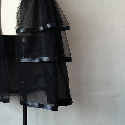 1PC Punk Style Skirt Black 3 Layers Ribbon 5 Layers Mesh Removable Tulle Skirt Half-length Skirt Covering Wedding Dress Elastic Waist Detachable Thin Tulle Skirt