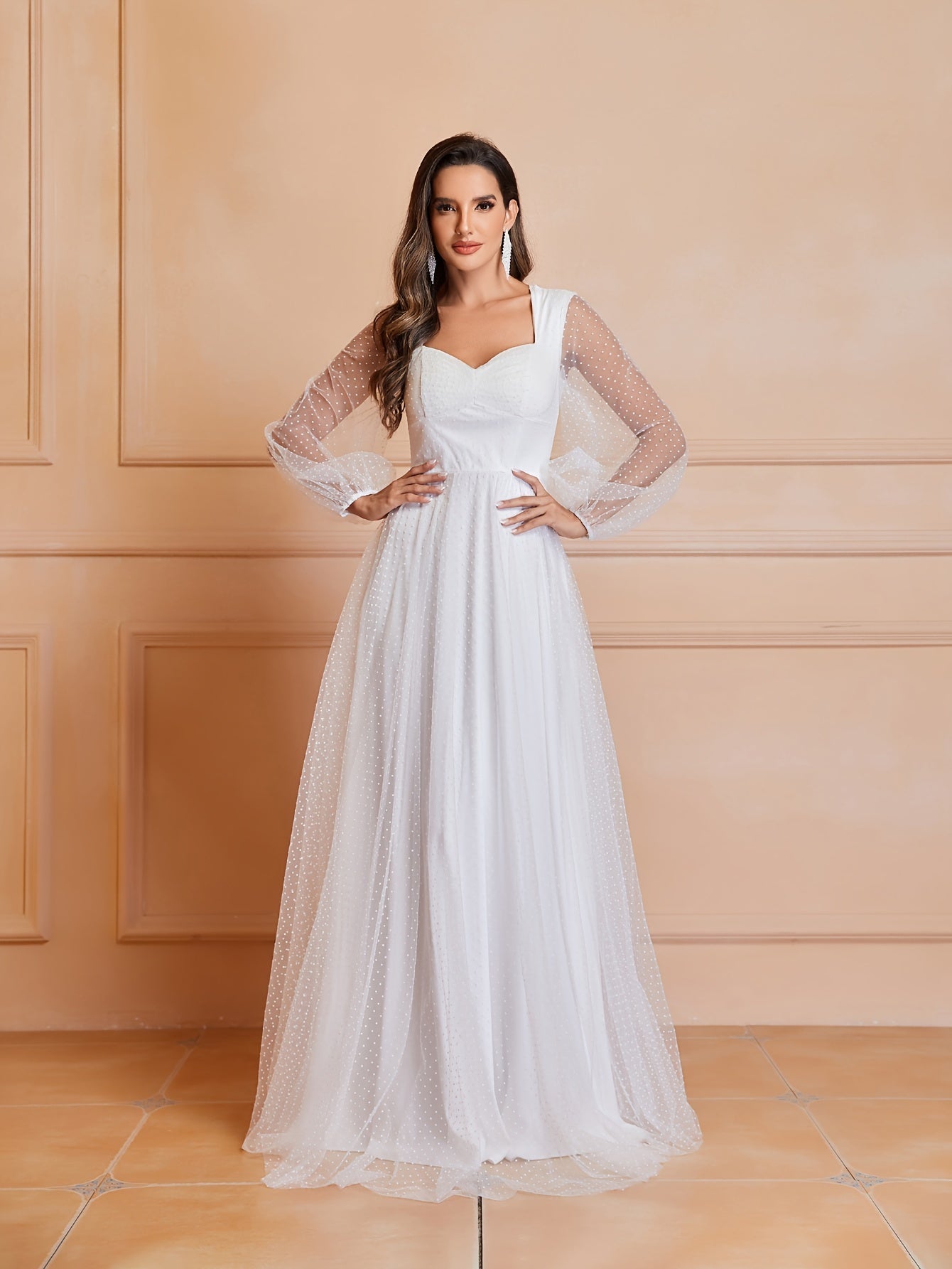 Timeless Elegance - Solid Cut Out Ruched Wedding Dress with Flattering Shirred Waistline and Romantic Long Sleeves - Premium Womens Bridal Gown