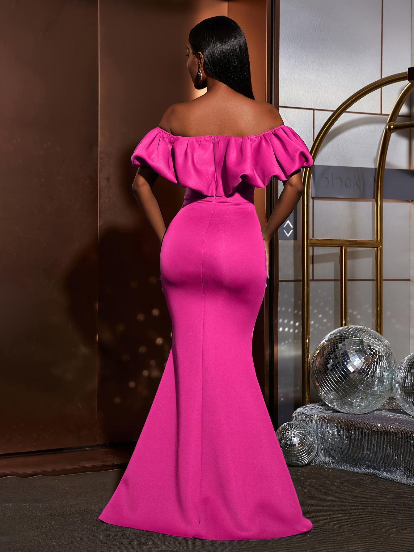 Ruched Trim Off Shoulder Wedding Dress, Elegant Mermaid Hem Evening Dress For Party & Banquet, Women's Clothing Wedding/Evening dress/Occasion/Engagement/Ceremony