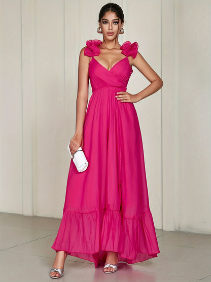 Contrast Mesh V Neck Wedding Dress, Elegant Sleeveless Split Ruffle Hem Dress For Party & Banquet, Women's Clothing