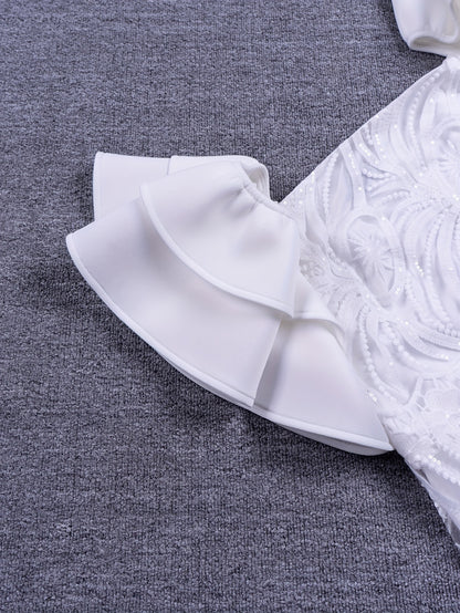 Plus Size Jacquard Cold Shoulder Wedding Dress, Elegant Lace Trim Ruffle Sleeve Bodycon Party Dress, Women's Plus Size Clothing