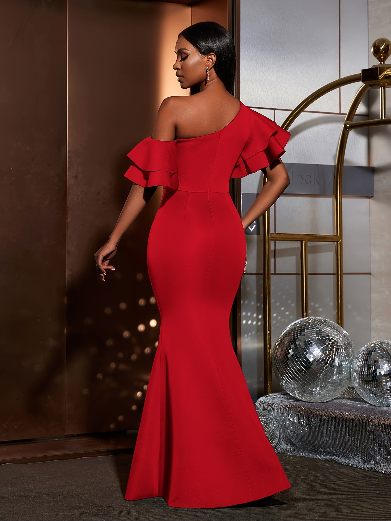 Solid Slant Shoulder Wedding Dress, Elegant Layered Ruffle Sleeve Bodycon Dress For Party & Banquet, Women's Clothing