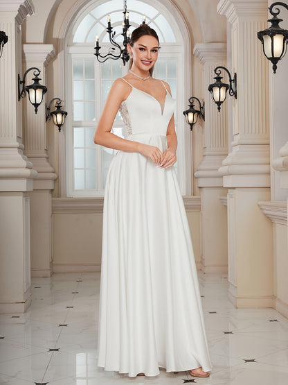 Lace Splicing Spaghetti Strap Dress, Elegant A-line Floor Length Low-cut Back Wedding Dress For Party & Banquet, Women's Clothing