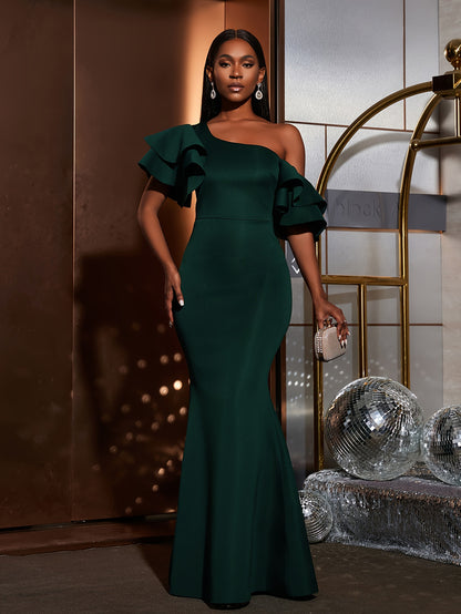 Solid Slant Shoulder Wedding Dress, Elegant Layered Ruffle Sleeve Bodycon Dress For Party & Banquet, Women's Clothing