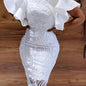 Plus Size Jacquard Cold Shoulder Wedding Dress, Elegant Lace Trim Ruffle Sleeve Bodycon Party Dress, Women's Plus Size Clothing