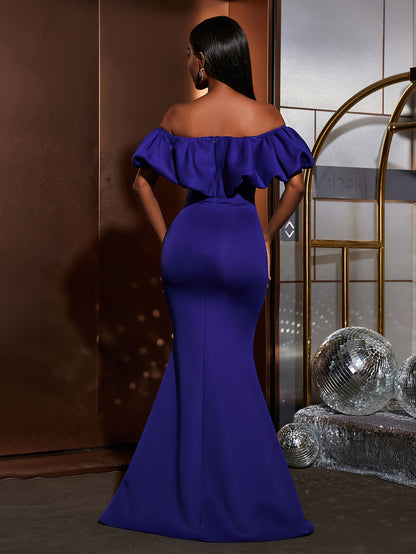 Ruched Trim Off Shoulder Wedding Dress, Elegant Mermaid Hem Evening Dress For Party & Banquet, Women's Clothing Wedding/Evening dress/Occasion/Engagement/Ceremony