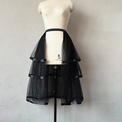1PC Punk Style Skirt Black 3 Layers Ribbon 5 Layers Mesh Removable Tulle Skirt Half-length Skirt Covering Wedding Dress Elastic Waist Detachable Thin Tulle Skirt