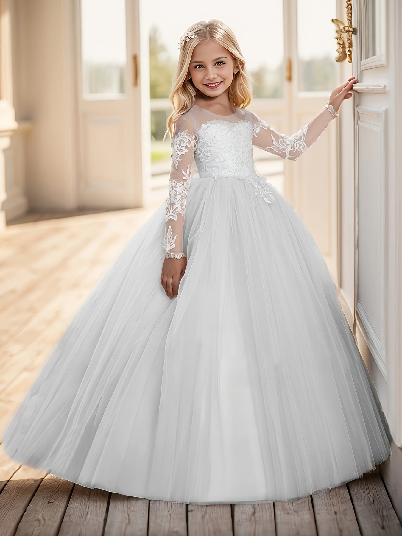 [Wedding Attire] Elegant Flower Girl Evening Gown - Long White Lace Wedding Dress with Embroidered Floral Details, Polyester, A-Line Fit for Piano Recitals & Formal Occasions