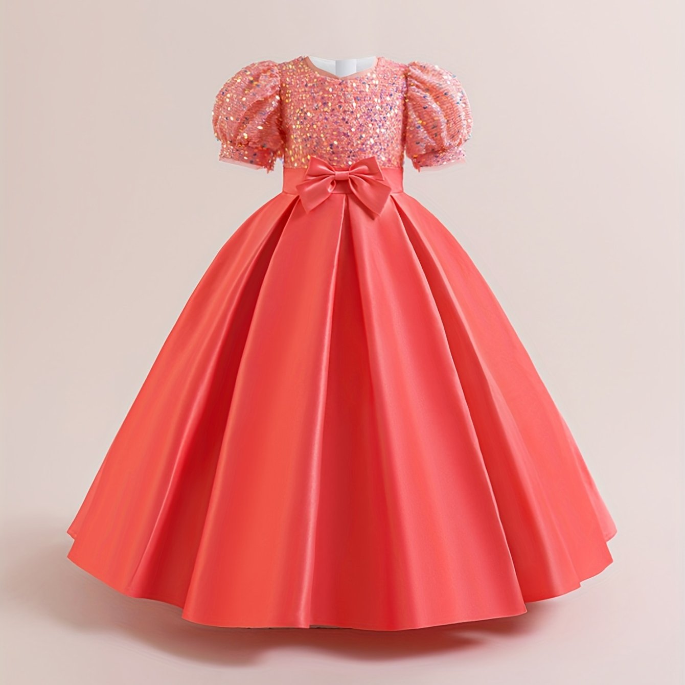 New Youngsters's Dress Long Princess Dress Satin Wedding Dress Flower Youngsters Dress Elegant Evening Dress for Girls Bubble Sleeve Sequins Sparkling Puffy Skirt