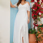 Plus Size Long Formal Wedding Dress - Exquisite Polyester Fabric, Elegant V-Neck, Long Sleeves, Floor-Length Design - Perfect for Wedding, Reception, and Evening Party Celebrations