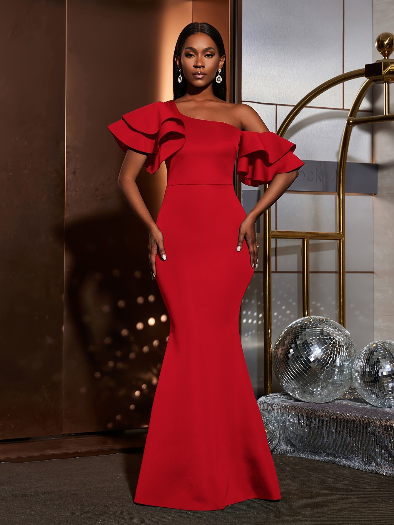 Solid Slant Shoulder Wedding Dress, Elegant Layered Ruffle Sleeve Bodycon Dress For Party & Banquet, Women's Clothing