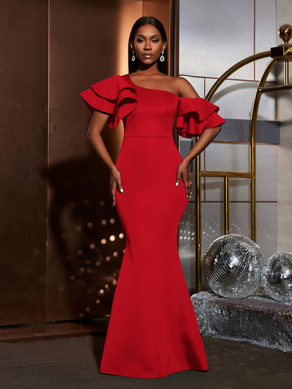 Solid Slant Shoulder Wedding Dress, Elegant Layered Ruffle Sleeve Bodycon Dress For Party & Banquet, Women's Clothing