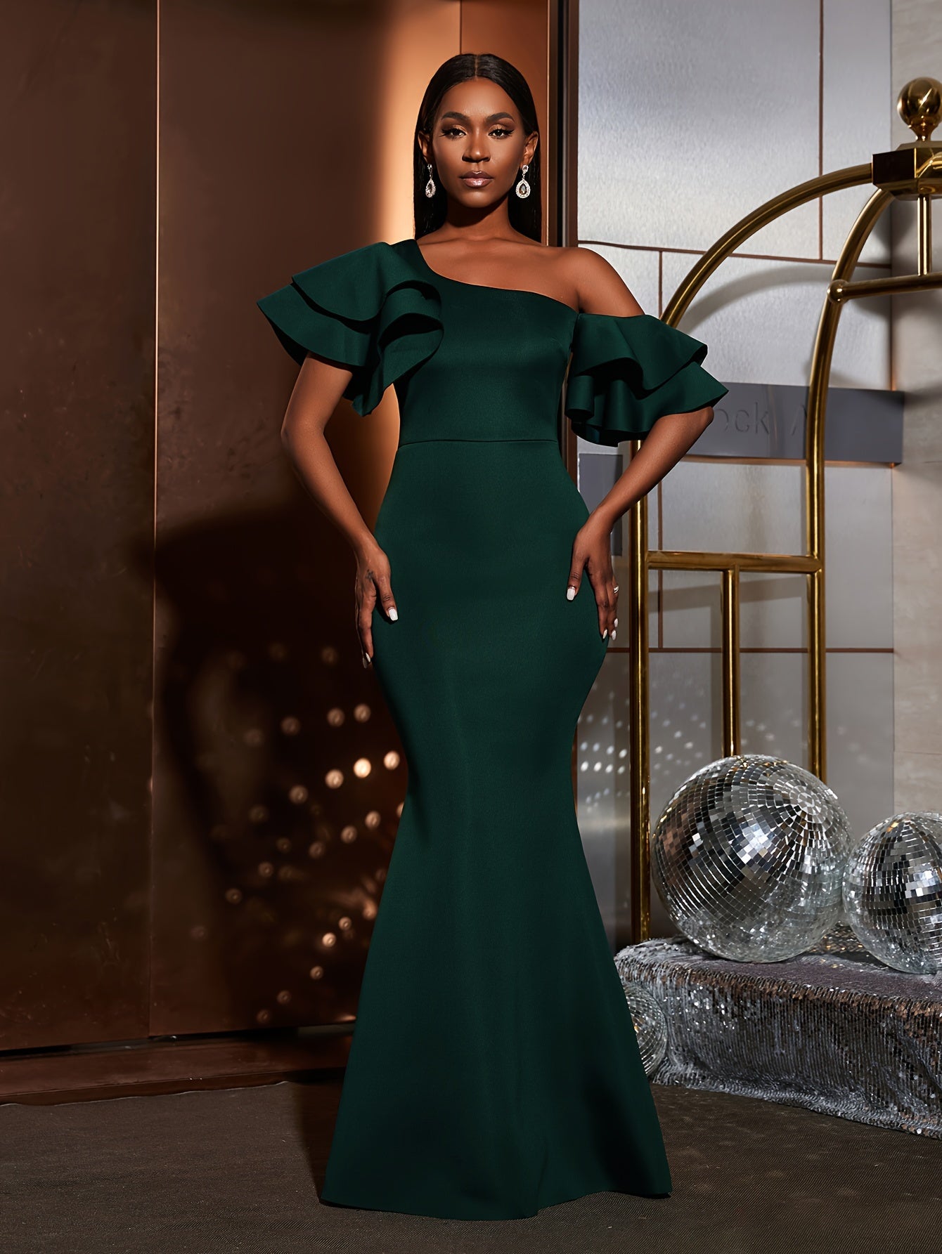 Solid Slant Shoulder Wedding Dress, Elegant Layered Ruffle Sleeve Bodycon Dress For Party & Banquet, Women's Clothing