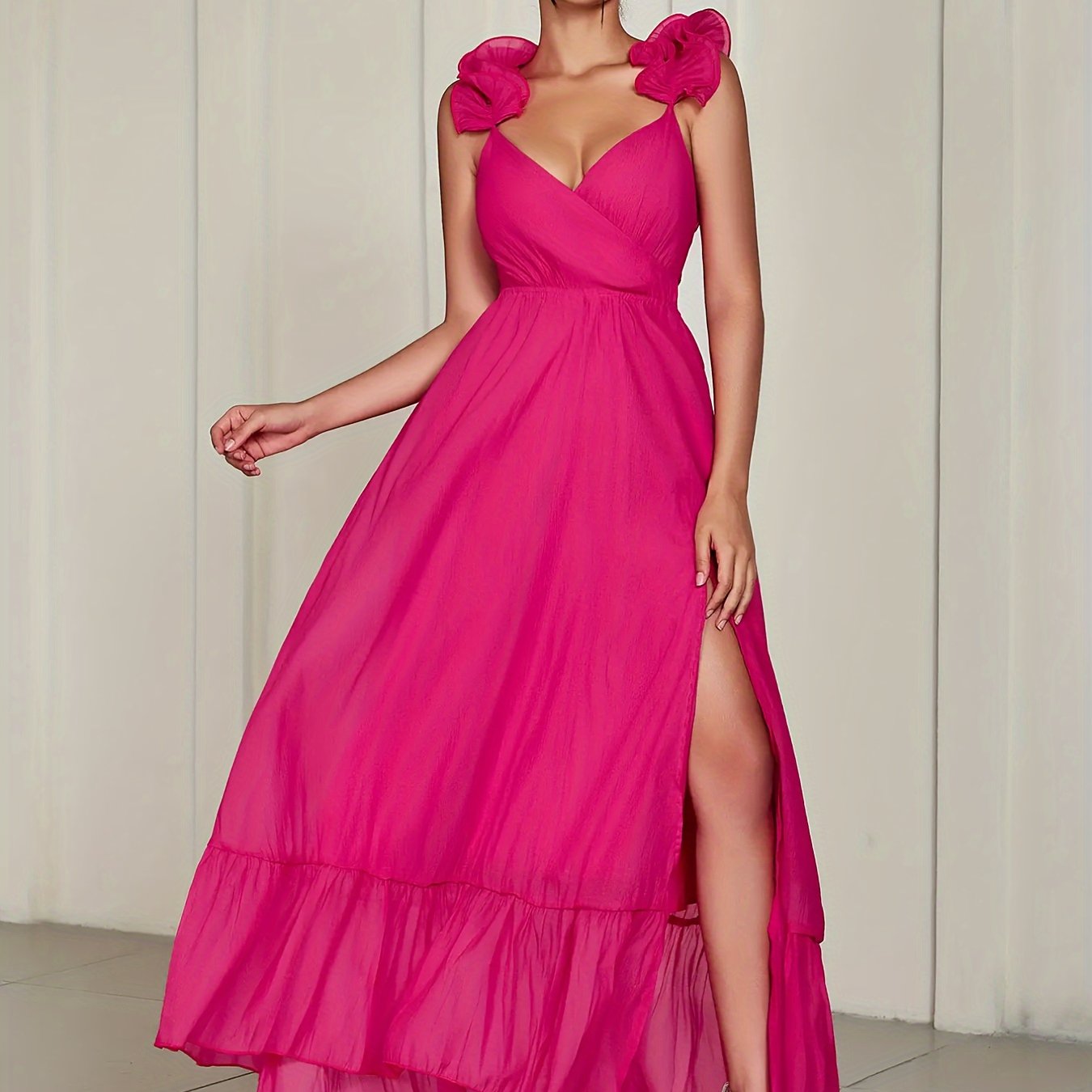 Contrast Mesh V Neck Wedding Dress, Elegant Sleeveless Split Ruffle Hem Dress For Party & Banquet, Women's Clothing