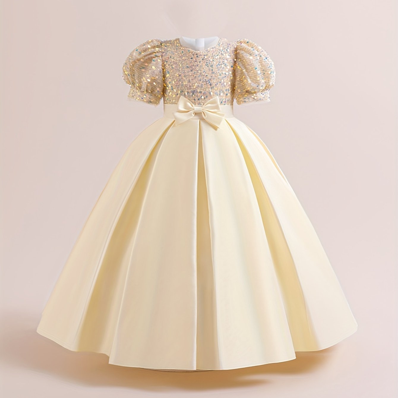 New Youngsters's Dress Long Princess Dress Satin Wedding Dress Flower Youngsters Dress Elegant Evening Dress for Girls Bubble Sleeve Sequins Sparkling Puffy Skirt