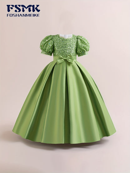 New Youngsters's Dress Long Princess Dress Satin Wedding Dress Flower Youngsters Dress Elegant Evening Dress for Girls Bubble Sleeve Sequins Sparkling Puffy Skirt