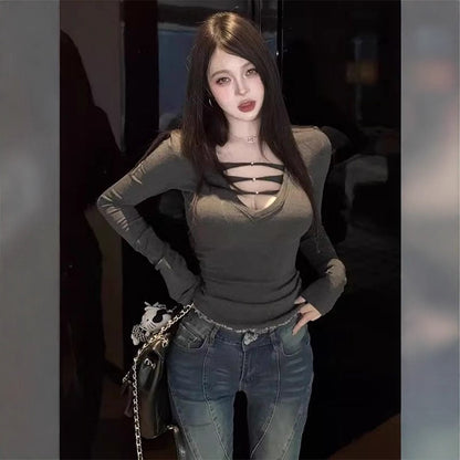 Womens V-neck Hollowed Solid-Color Long-Sleeve Top