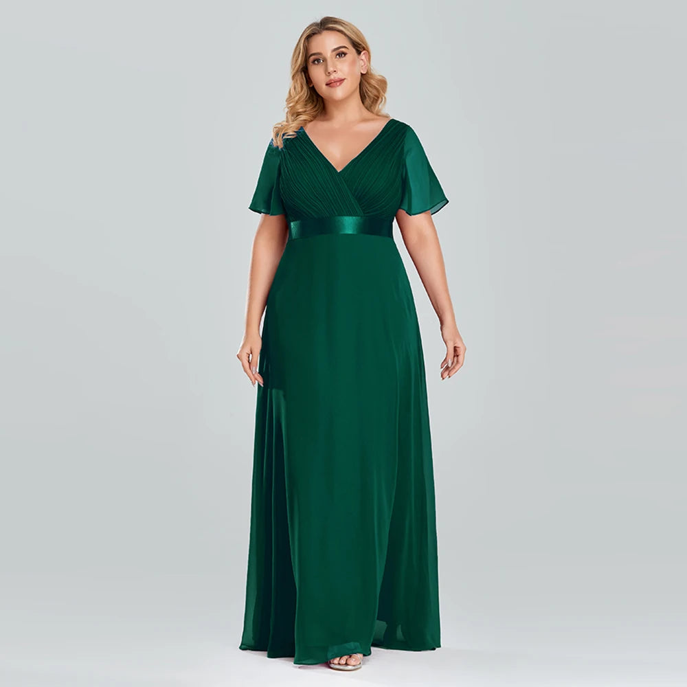 Plus Size Evening Dresses Long XUCTHHC Elegant A Line V Neck Ruffles Chiffon Formal Wedding Party Dress Robe De Soiree 2021