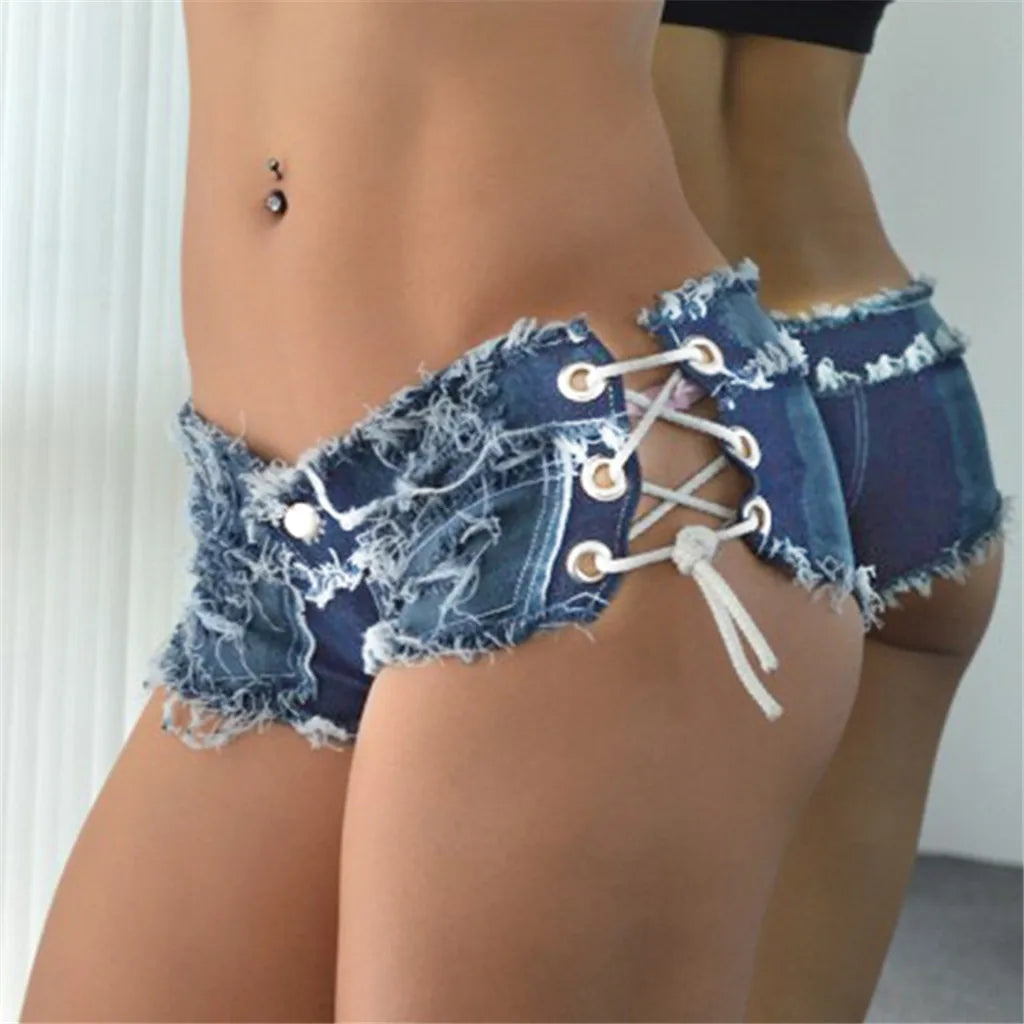 Women Sexy Jeans Shorts Summer Fashion Low-waist Denim Knotted Band Mini Short Beach Casual Shorts Sexy Club Party Bikini Bottom