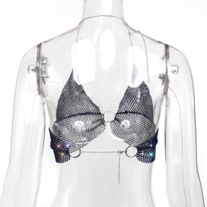 Sexy black White Summer crop top women festival Beach club outfits Party tank top t shirt woman Halter Rhinestones tops topy Hot