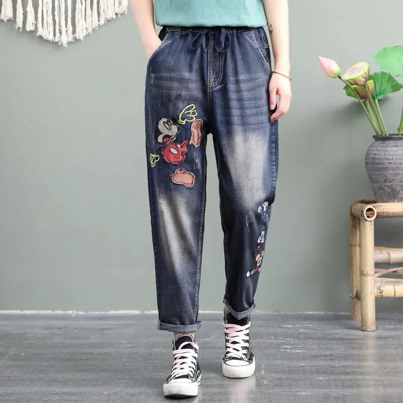 2025 Spring Autumn New Women Embroidery Retro Denim Jeans High Waist Nine Points Cowboy Trousers Denim Harlan Pants Femme126