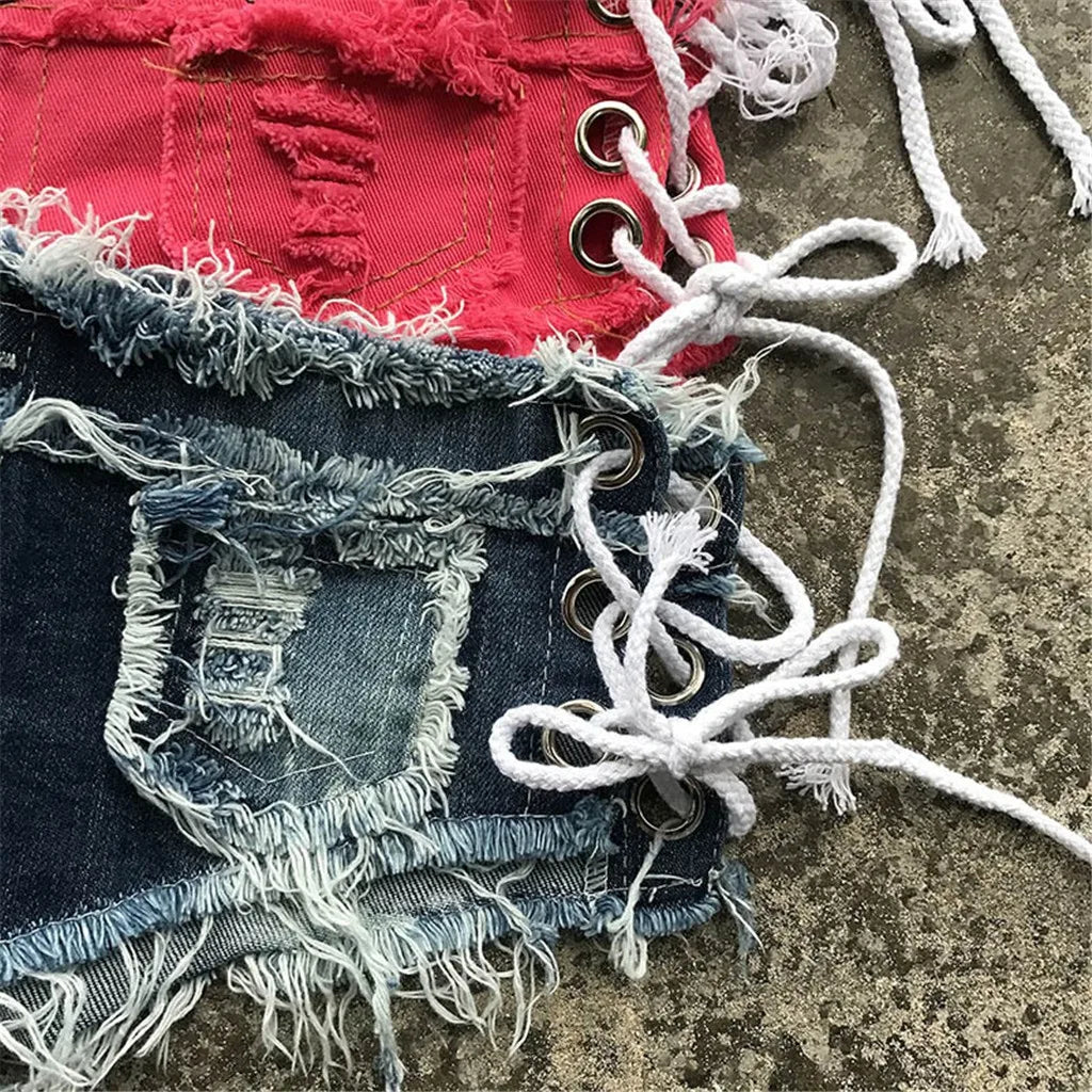 Women Sexy Jeans Shorts Summer Fashion Low-waist Denim Knotted Band Mini Short Beach Casual Shorts Sexy Club Party Bikini Bottom