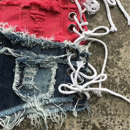 Women Sexy Jeans Shorts Summer Fashion Low-waist Denim Knotted Band Mini Short Beach Casual Shorts Sexy Club Party Bikini Bottom