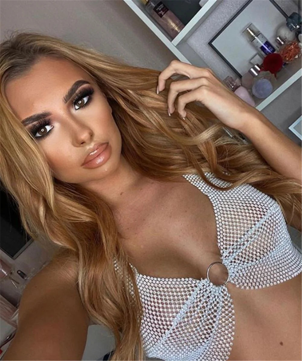 Sexy black White Summer crop top women festival Beach club outfits Party tank top t shirt woman Halter Rhinestones tops topy Hot